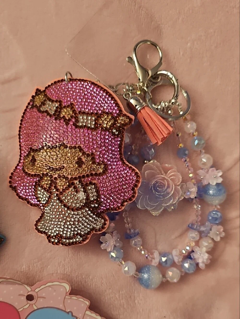 Little Twin Stars Blue and Pink Beaded Charm Keychain Set And Erasers